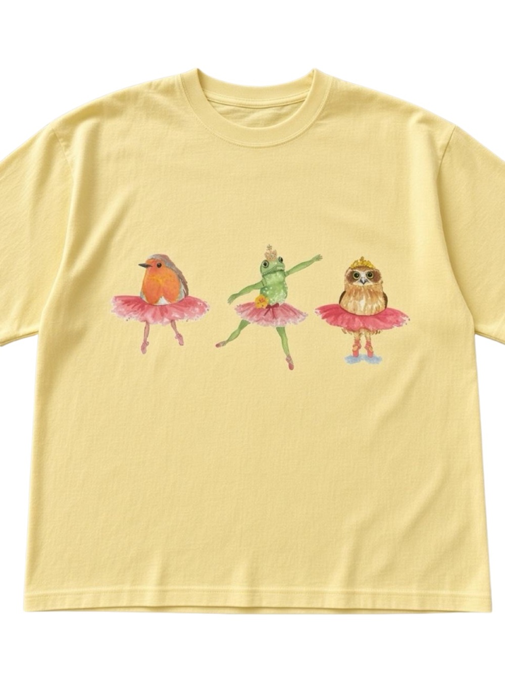 Gildan Yellow Tee with Ballerina Bird, Frog & Owl Illustration, Gift For Her,Him